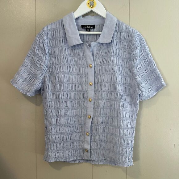 J.Crew Light Blue Smocked Button-Up Blouse Gold Button Detail Women’s Small - Picture 1 of 7